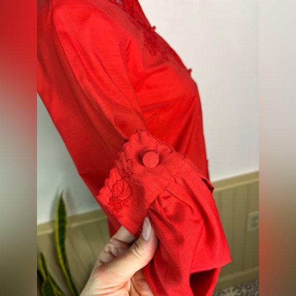 Vintage Daffodil Red Embroidered Blouse S Artsy Lace Button Top China Style Rare - Picture 11 of 13